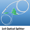 A 1 by 4 way optical splitter showing one input fibre and four output fibres