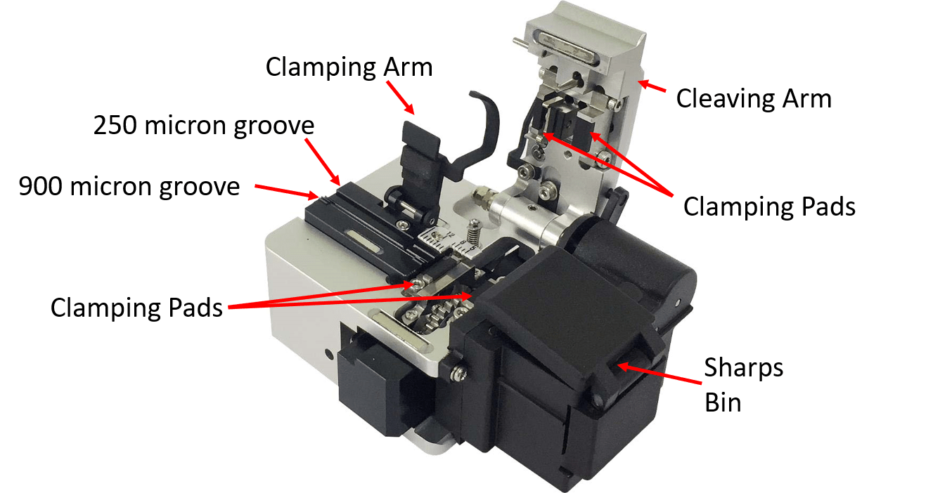 ci-03bt fibre cleaver with autorotating blade produces 75,000 cleaves and no manual adjustment is necessary. This view shows the open mechanism with Clamping arm, cleaving arm, v grooves and fibre sharps collector