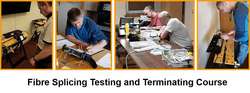 Fibre Optic Training Courses from Opticus showing people involved in the training fusion splicing, OTDR testing, and fibre terminating