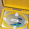 Small fibre launch box opened for connecting between an OTDR and a cable under test