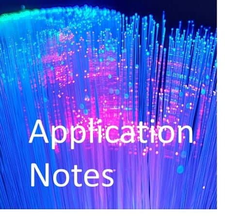 Picture of blue and purple gowing optical fibres with words Application Notes in white