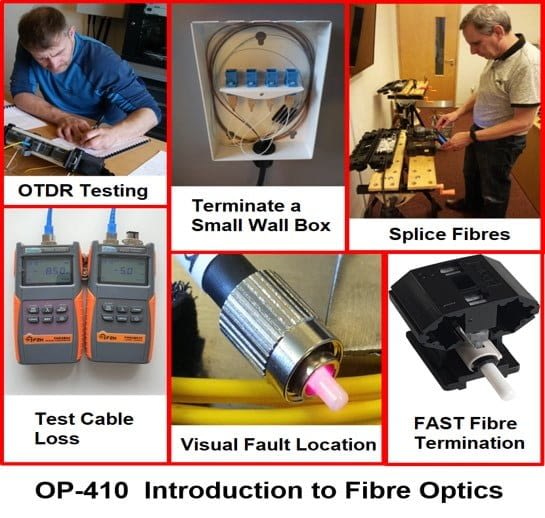 A one day fibre training course Introduction to fibre optics showing various activities including splicing, testing and terminating